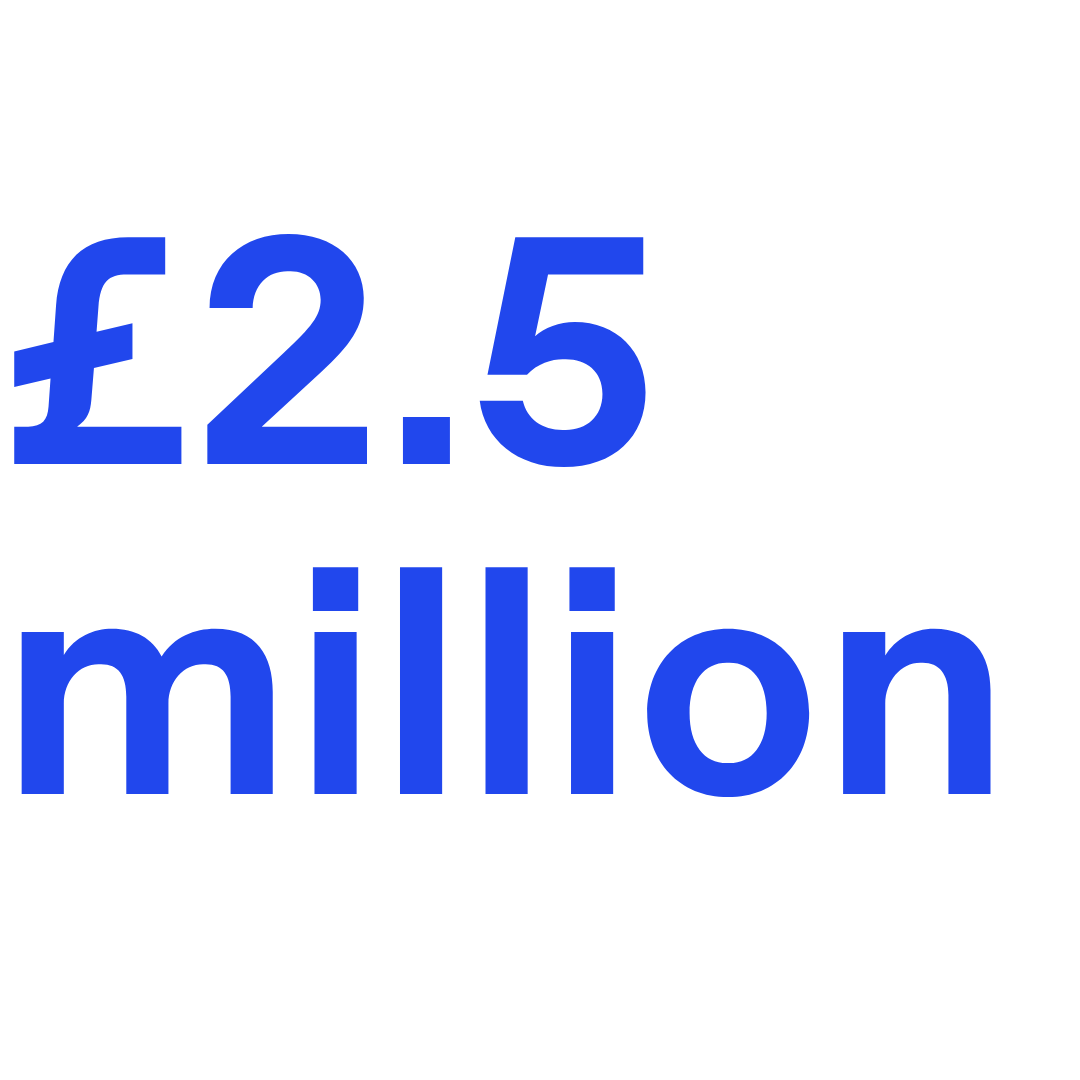 two point five million pounds in blue text