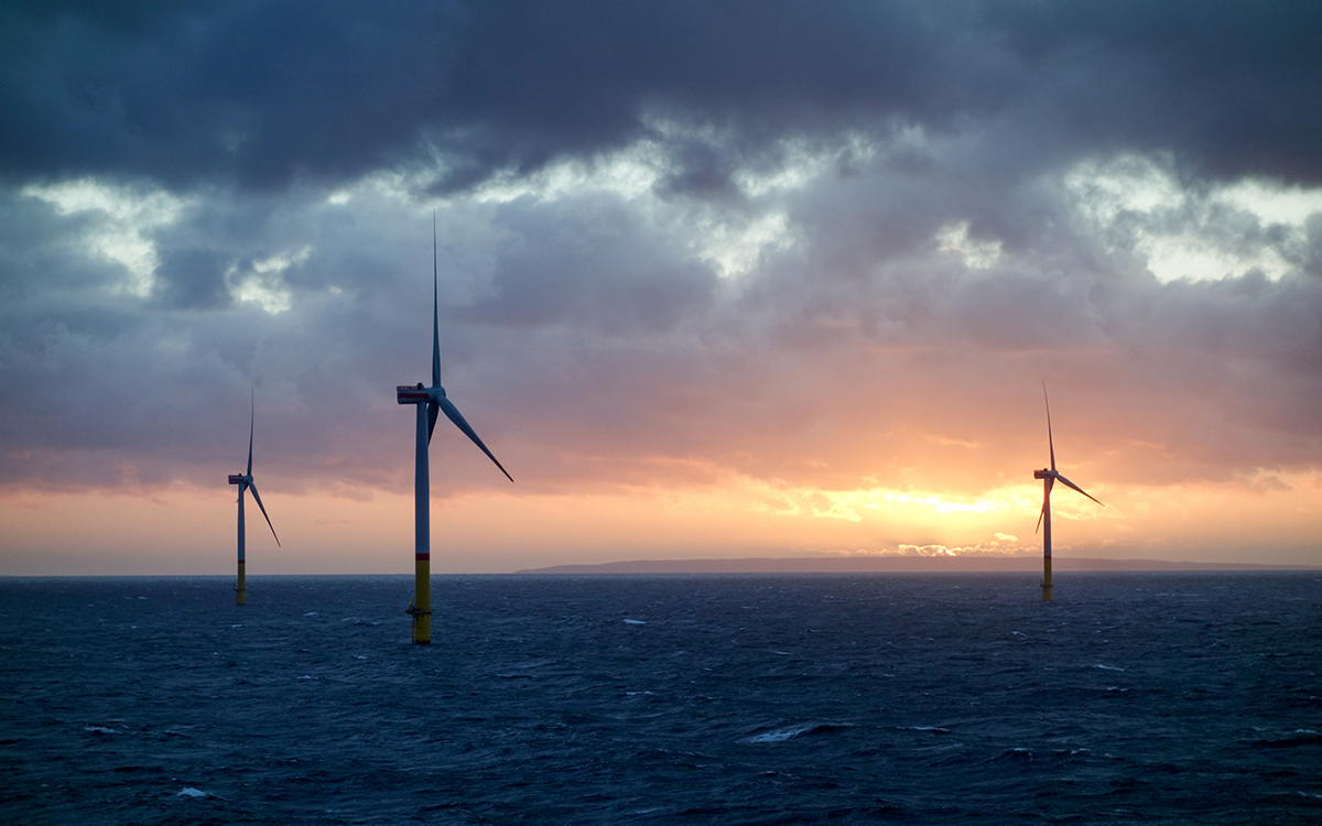 Offshore wind farm in sunset