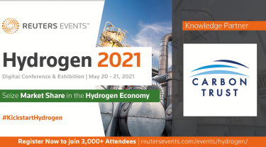 Banner reads: Reuters Events Hydrogen 2021 Digital conference and exhibition. Seize market share in the hydrogen economy. #KickstartHydrogen. Knowledge Partner: Carbon Trust.