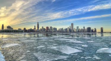 Frozen water surrounding city