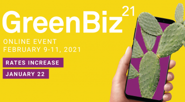 GreenBiz 21 - online event - February 9-11 2021. Rates increase January 22nd. Image of a smartphone with a cactus coming out of it.