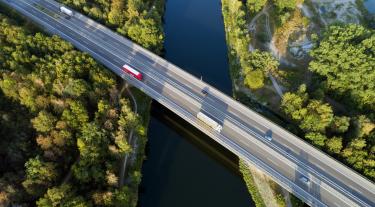 Aerial view of highway bridge over Danube River, Bavaria, Germany